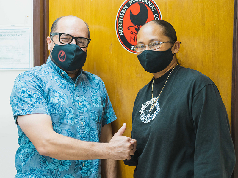 Northern Marianas College President Galvin Deleon Guerrero (left) met with Northern Marianas Technical Institute Interim Chief Executive Officer Jodina Attao (right) to discuss workforce development initiatives. 