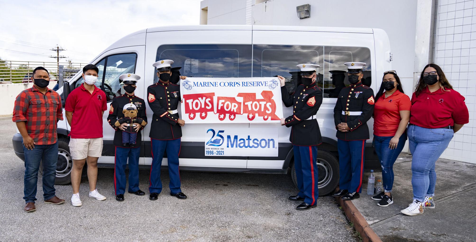 The U.S. Marine Corps Reserve, the Saipan Chamber of Commerce and the Associated Students of the Northern Marianas College distributed more than 1,200 toys in the CNMI this holiday season as part of the “Toys for Tots” program  hosted by the USMC Reserve. The program provides toys to disadvantaged children during the Christmas holiday season. In photo from left are chamber executive director Lee Tenorio, ASNMC vice president Gerald Crisostomo Jr., Sgt. Damian Vieira, Sgt. Nicohlas Benjamin Ooka, Sgt. Stephen Smith, Cpl. Donald John Pangelinan, Northern Marianas College Office of Student Activities and Leadership program coordinator Maia Pangelinan, and ASNMC president Alyssa Attao. 