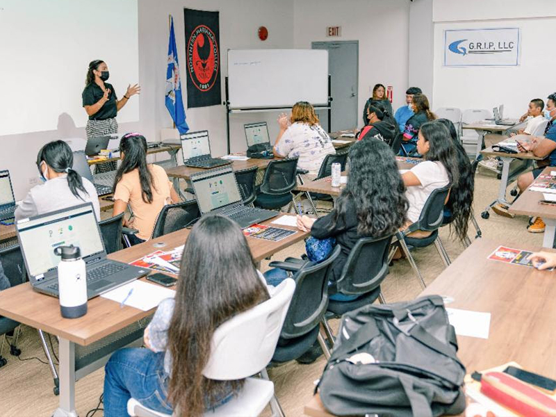 Northern Marianas College Community Development Institute Director MariaValentina Haberman gives a presentation to summer youth employment interns at the Office of the Governor’s Building Optimism, Opportunities and Stability Together (BOOST) Workforce Development Training Program on Wednesday, August 17, 2022.