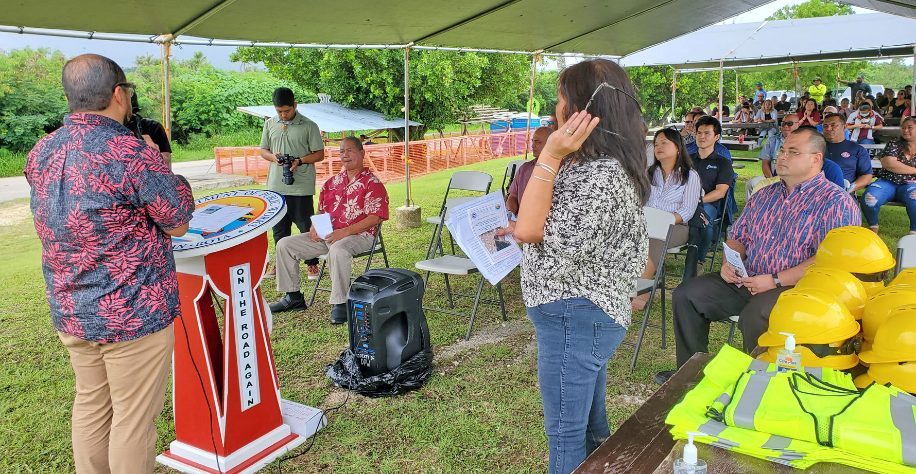 Northern Marianas College president Dr. Galvin Deleon Guerrero commends the Department of Public Works’ hazard elimination project at the intersection of Chalan Monsignor Guerrero Road and Chalan Antonio Apa Road by NMC in Finasisu during its groundbreaking ceremony Tuesday. Deleon Guerrero said the project is just one of many examples of the DPW’s partnership with NMC. (FERDIE DE LA TORRE)