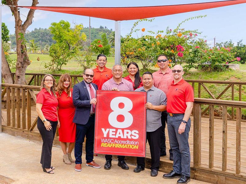 From left, Northern Marianas College Staff Senate President and Assessment Specialist Geri Rodgers, NMC Dean of Student Support Services and Accreditation Liaison Officer Charlotte Cepeda, NMC President Galvin Deleon Guerrero, EdD, NMC Vice President for Administration and Advancement Frankie Eliptico, NMC Board of Regents Chairperson Charles Cepeda, NMC Regent Irene Torres, Gov. Ralph DLG Torres, NMC Regent Jesse Tudela, and NMC Faculty Senate President and Instructor Adam Walsh.