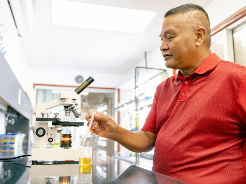 Northern Marianas College, Cooperative Research, Extension, and Education Services (CREES) — Aquaculture and Natural Resources Program Leader, Michael Ogo prepares to look at Phytoplankton in the Aquaculture Laboratory at the NMC As Terlaje Campus. The Aquaculture and Natural Resource program of NMC-CREES was recently awarded $536,000 to construct mangrove crab (Scylla serrata) farming demonstration units on the islands of Saipan, Tinian, and Rota.