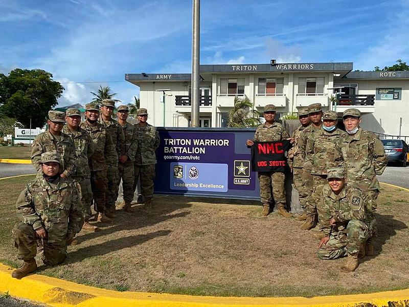 13 Cadets from the NMC ROTC program pose in front of the University of Guam ROTC Headquarters during the Spring 2021 Field Training Exercise from April 8-11, 2021.