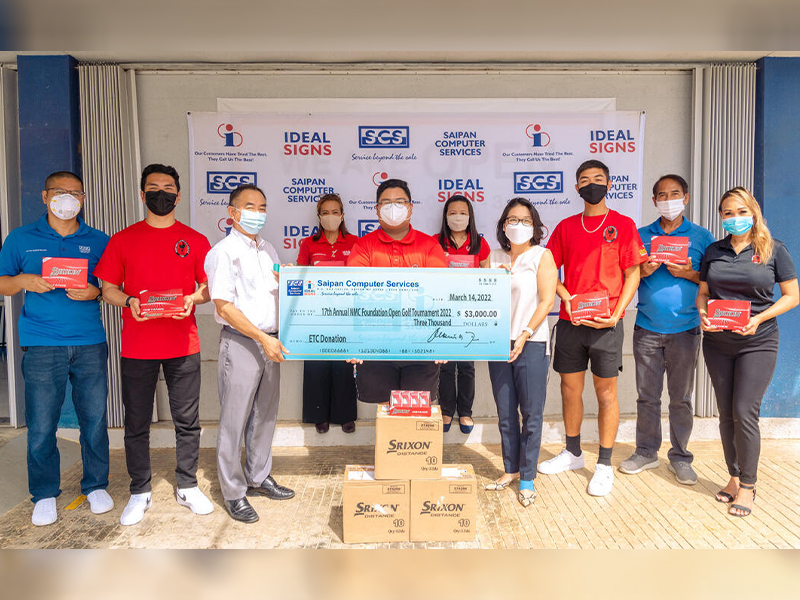 Saipan Computer Services recently donated $5,000 in cash and golf gear to the Northern Marianas College, in support of NMC's upcoming golf open on March 19, 2022 at the LaoLao Bay Golf and Resort. In photo from left is SCS employee Bryan Fabre, NMC student Vincent Tudela, SCS General Manager Jerry Tiu, Lisa Marcelo of Ideal Signs, NMC student Jefferson Cunanan, SCS employee Grace delos Santos, SCS Managing Director Kazuko Kawabe, NMC student Jermaine Salas, Rowel Mariano of Ideal Signs, and NMC Foundation Program Coordinator Carla Sablan.