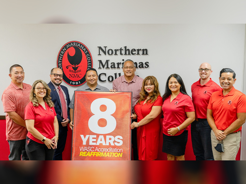 Gov. Ralph DLG Torres, fourth from left, and Northern Marianas College president Galvin Deleon Guerrero, EdD, third from left, are joined by Board of Regents chair Charles Cepeda and other regents and college officials during yesterday’s announcement of the college re-affirmation of its accreditation with the Western Association for Schools and Colleges-Senior College and University Commission. 