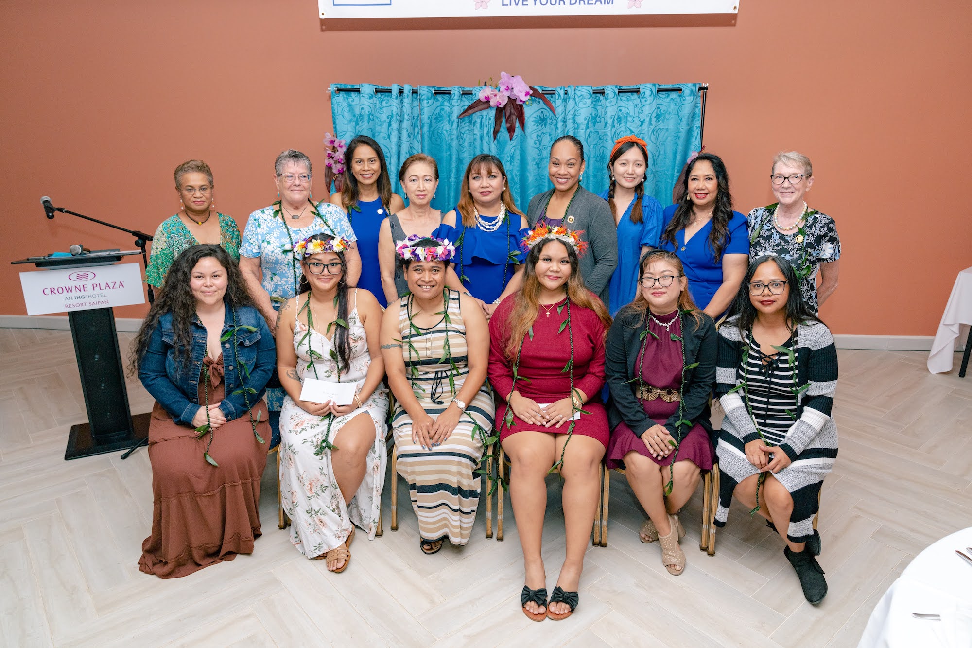 Front, from left, the first “Live Your Dreams” recipient, Leah Murphy, poses with the 2022 Live Your Dreams recipients Jennifer Benavente, Mollie Atinisom, Angellyn Nicholas, Maritoni Duarte, and Kelly Sablan. At the back, from left, are Soroptimist International Northern Mariana Islands past president Marilyn Marron, SINMI president Maureen Sebangiol, treasurer Merle Byrd, Suzi Perez, Soroptimist Live Your Dreams chair Jessy Loomis, president of Soroptimist Marianas Jessica Castro, SINMI member Yijia Zhao, Joann Aquino and secretary Pam Brown Blackburn.