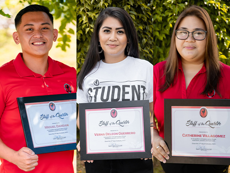 The three are marketing coordinator Miguel Dandan, financial aid counselor Verna Deleon Guerrero, and accountant Catherine “Kitty” Villagomez. Each of them will receive a monetary prize and a reserved parking slot for the quarter.