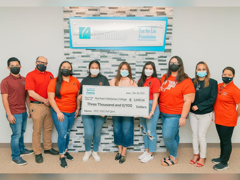 The Tan Siu Lin Foundation recently donated $3,000 to the Northern Marianas College, in support of NMC's upcoming golf open on March 19, 2022 at the LaoLao Bay Golf and Resort. In photo is NMC President Galvin Deleon Guerrero, EdD, TSL Foundation Executive Director Merlie Tolentino, NMC employees and students, and TSL Foundation representatives. 