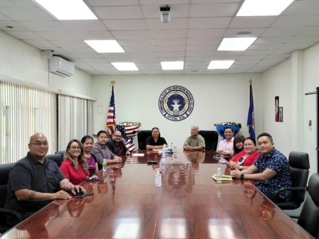 From left, Northern Marianas College Chief Financial Officer David Attao, NMC Office of Institutional Effectiveness Assessment Specialist Geri Rodgers, NMC Office of Institutional Effectiveness Director Vilma Reyes, CNMI Small Business Development Center Director Arden Sablan, NMC President Dr. Galvin Deleon Guerrero, Gov. Ralph DLG Torres, Lt. Gov. Arnold I. Palacios, NMC Vice President for Administration and Advancement Frankie Eliptico, NMC Dean of Student Support Services Charlotte Cepeda, NMC Human Resources Director Polly Masga, and Press Secretary Kevin Bautista pose for a photo on Tuesday in the governor's conference room.