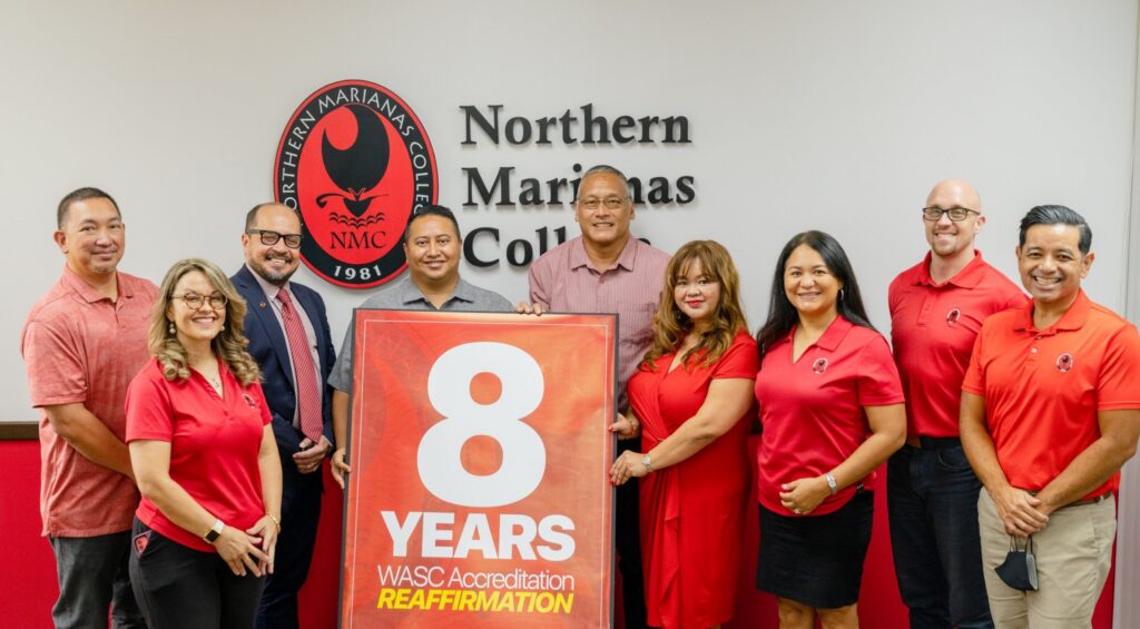 Gov. Ralph DLG Torres, fourth from left, and Northern Marianas College president Galvin Deleon Guerrero, EdD, third from left, are joined by Board of Regents chair Charles Cepeda and other regents and college officials during yesterday’s announcement of the college re-affirmation of its accreditation with the Western Association for Schools and Colleges-Senior College and University Commission.