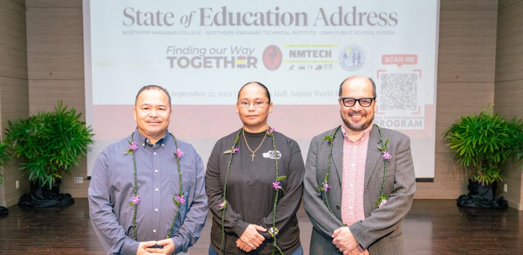 From left, Education Commissioner Dr. Alfred B. Ada, NMTech CEO Jodina Attao, and NMC president Dr. Galvin Deleon Guerrero stand in front of the crowd prior to the start of the Educational Summit at the Royal Taga Ballroom of Saipan World Resort last Thursday.