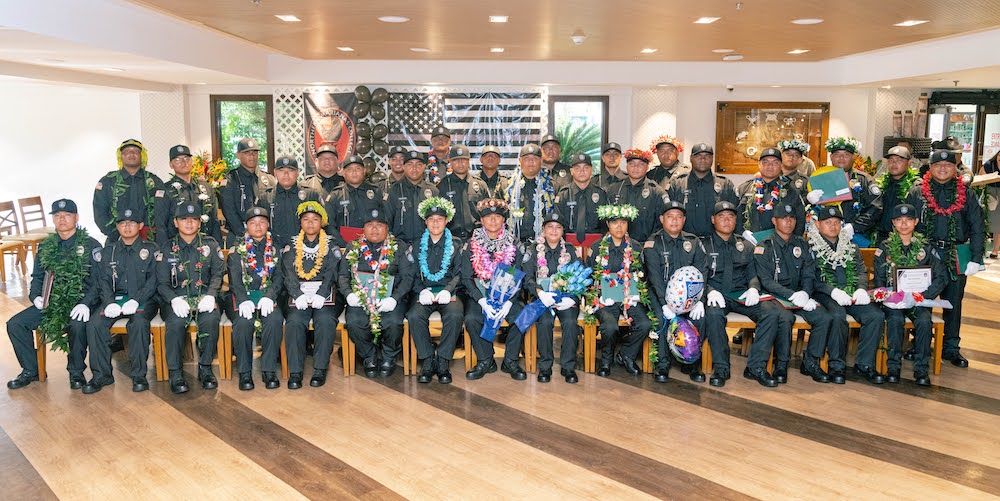 Thirty-eight new Department of Corrections officers received their Certificate of Completion in Basic Law Enforcement and their badges at their graduation ceremony yesterday at the Pacific Islands Club Saipan. The academy was done in partnership with the Northern Marianas College and the CNMI Department of Labor. The new officers earned 40 college credits from NMC during the program and were trained in multiple subject areas that included Abnormal Psychology, Law and the Corrections Officer, Juvenile Justice, and the Dynamics of Substance Abuse.
